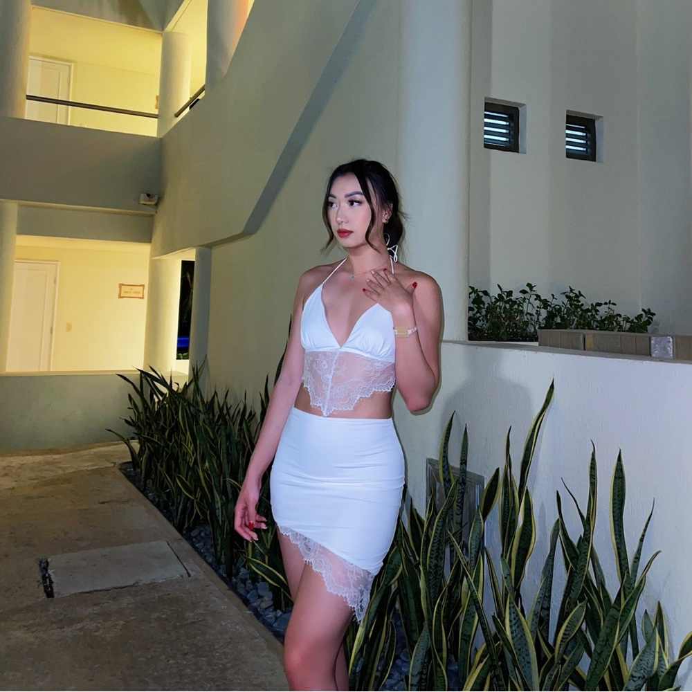 Tiger Mist Two Piece Top & Skirt Lace Trimmed Set